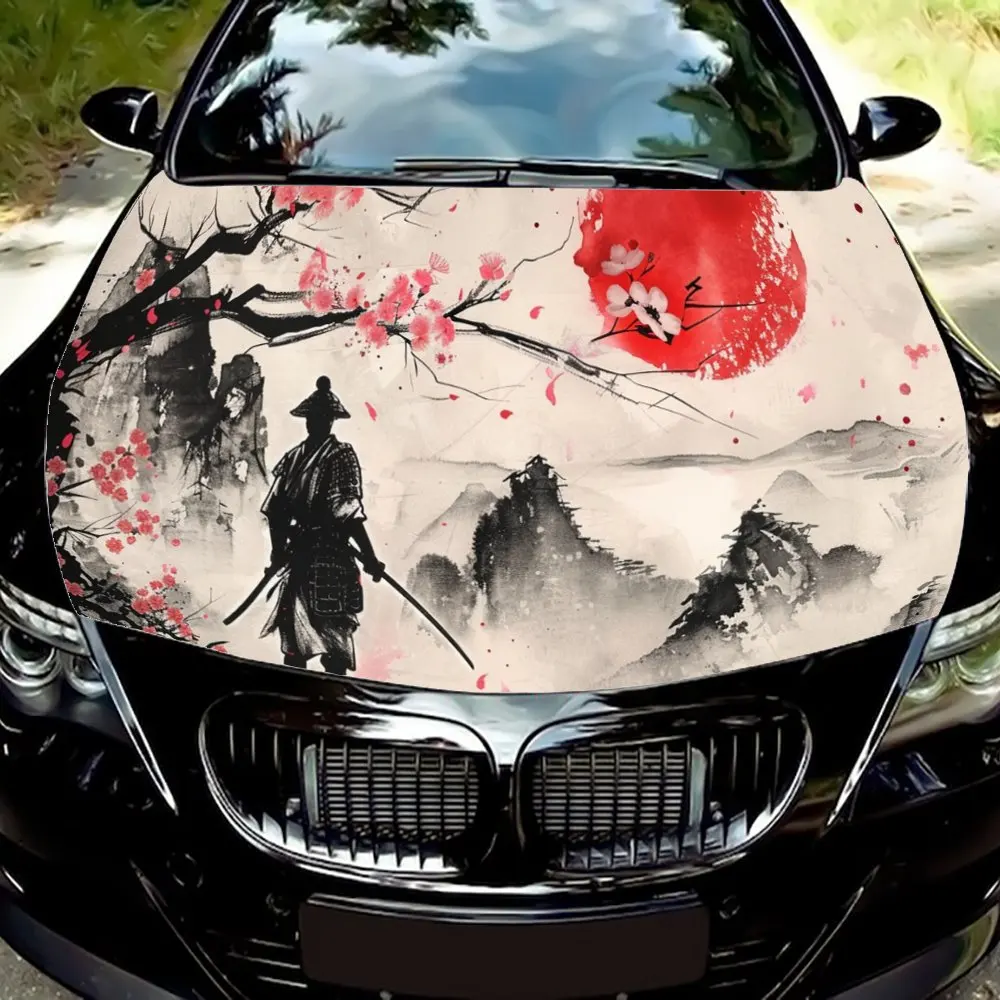 

Japanese Samurai Sakura Red Sun Car Hood Wrap Color Vinyl Sticker Truck Graphic Bonnet Auto Accessories Decoration Decal Gift
