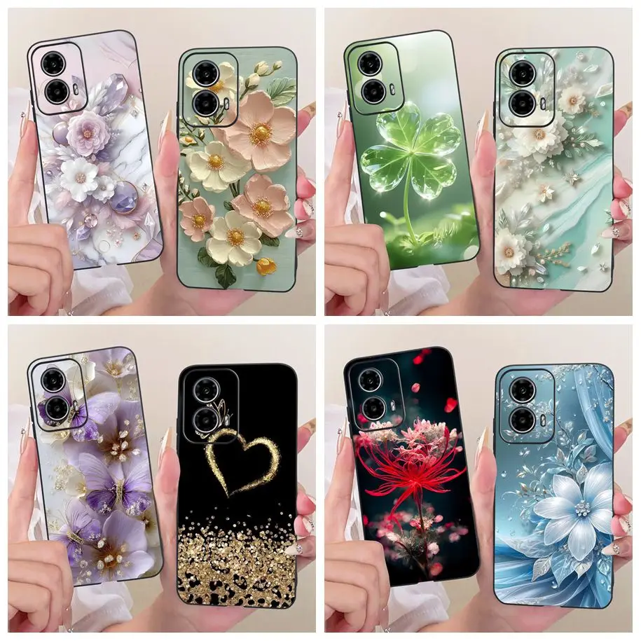 Funda de silicona suave negra para Motorola Moto G34 G24 Power, funda mate con diseño de flores para MotoG34 MotoG24 G 24 Bumper