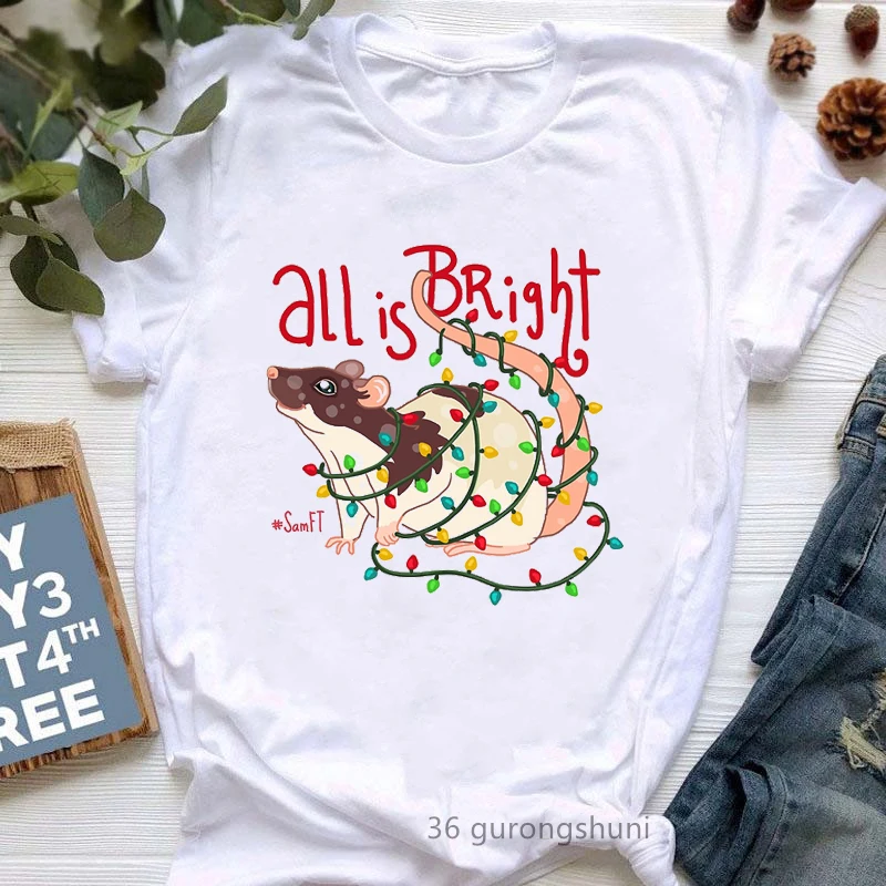 

All Is Bright Mouse Graphic Print Tshirt Women Clothes 2023 Christmas Gifts T Shirt Femme Harajuku Kawaii Female T-Shirt Tops