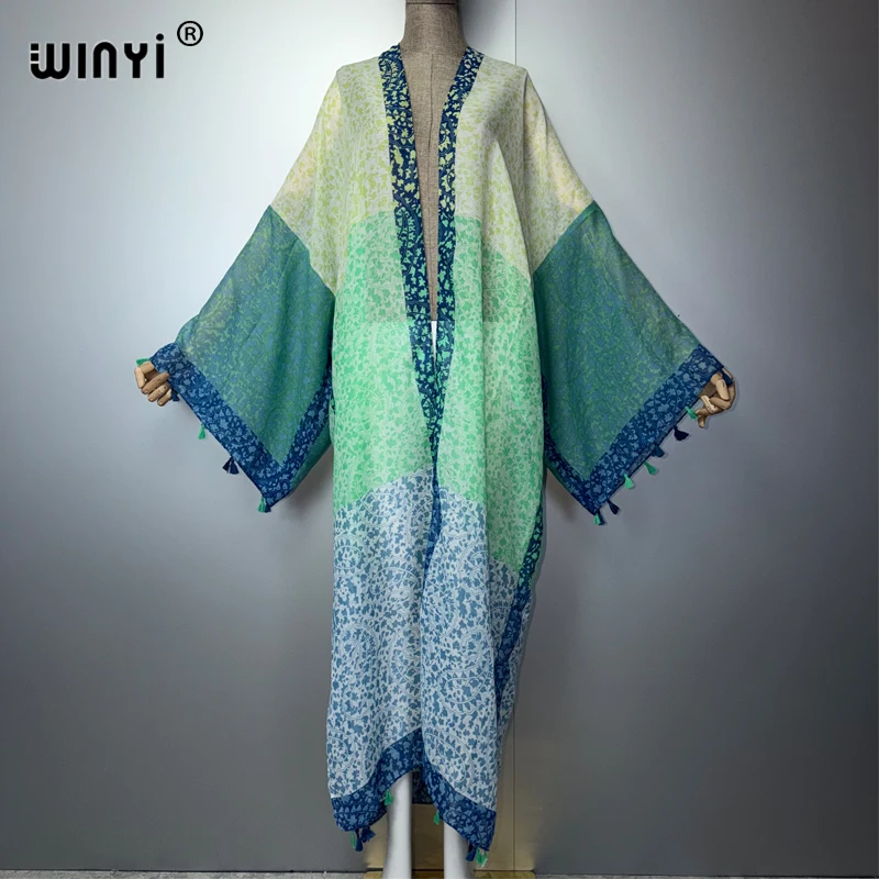 WINYI Women's Long Sleeve Kimono Print Cardigan Muslim Abaya Boho Cover up Dress Luxury Kaftan Dubai Style Fashion
