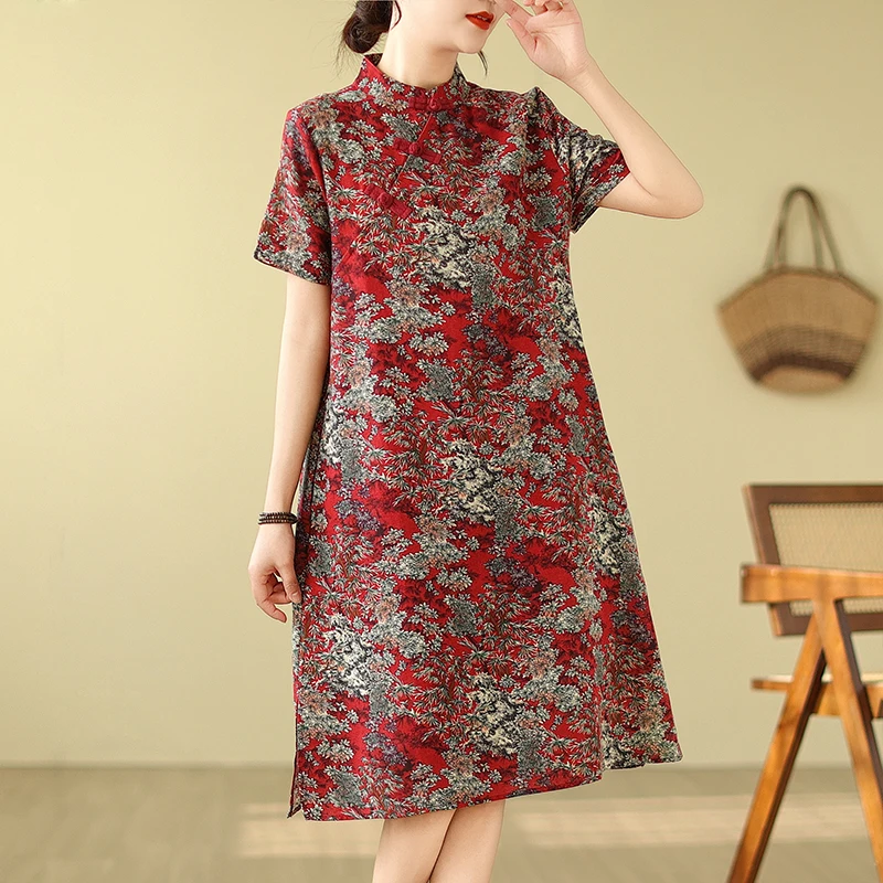 الرجعية الفنية الصينية Sle فضفاض ميدي تشيباو الدكتور المرأة الوقوف طوق مطبوعة الدكتور القطن مزيج منخفضة الشق ort Sve