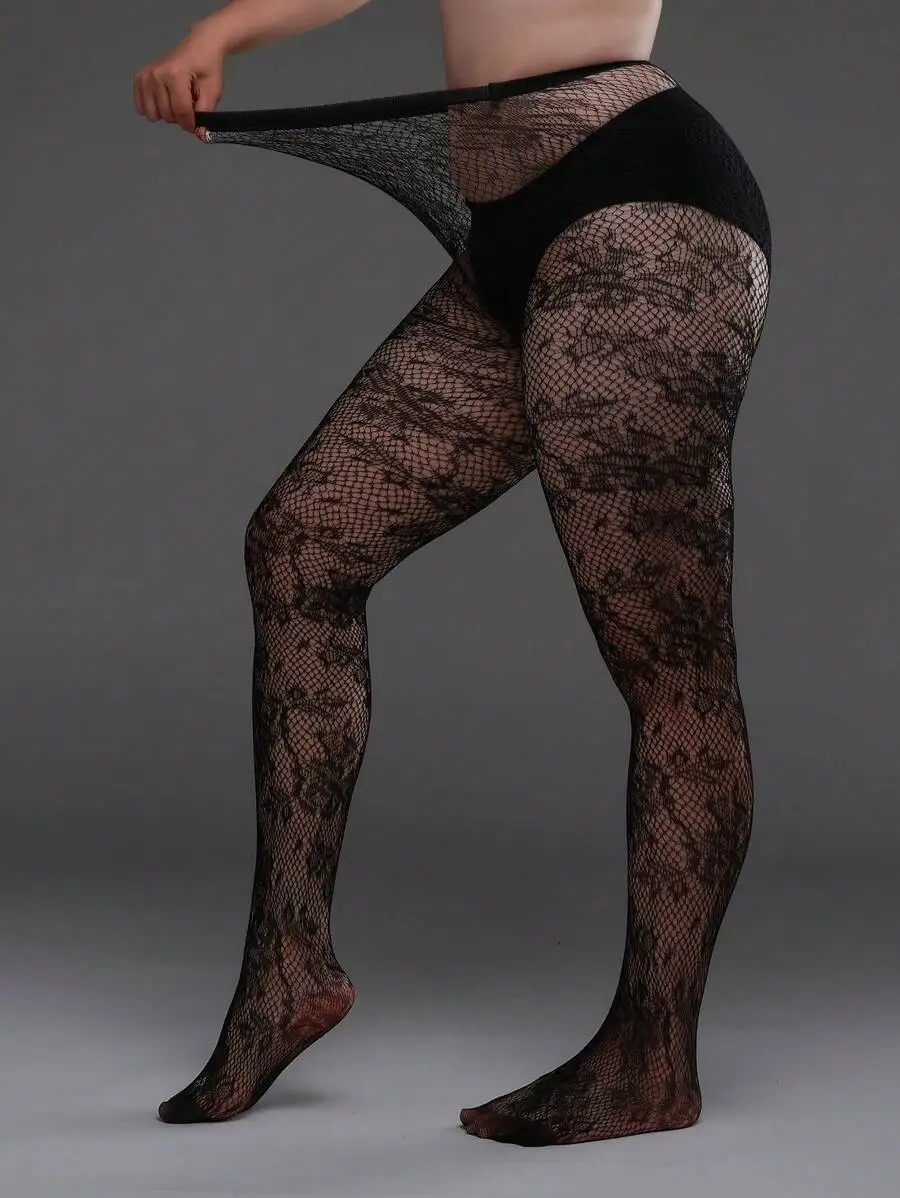 

Plus Size High Elastic Floral Fishnet Tights Sexy Black Mesh Pantyhose For Halloween Party