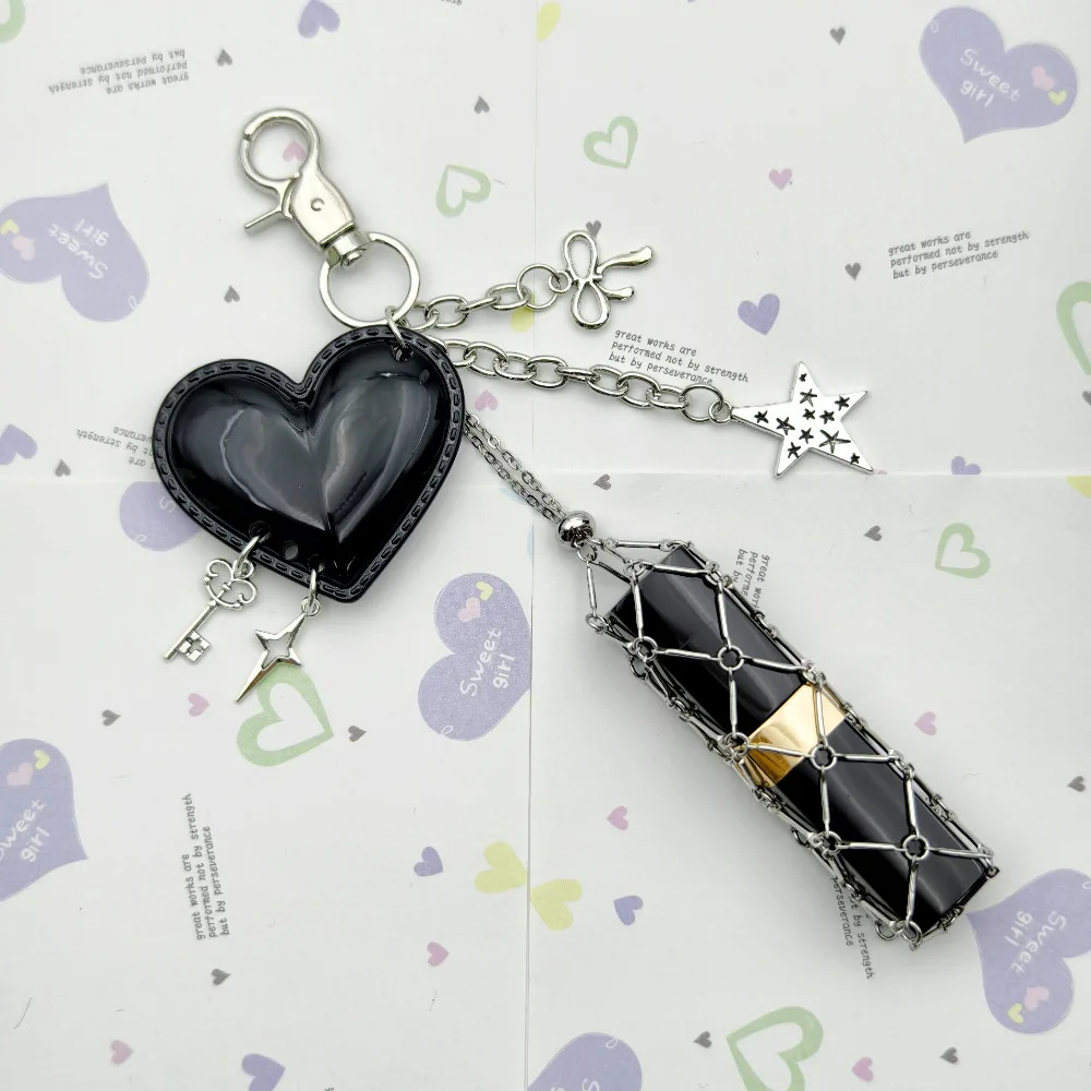 Y2K Trendige Metall-Lippenstifttasche mit Netz-Schlüsselanhänger, Liebesanhänger, tragbarer Schlüsselring, Spiegel-Schutztasche, Charm-Ketten für Damen als Geschenk – Detail 5