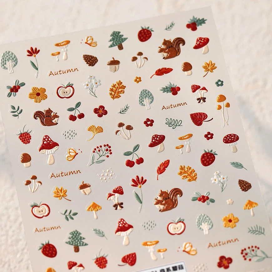 Squirrel Mushroom Apple Strawberry Cherry Pinecone Ginkgo Leaf Self Adhesive Nail Art Stickers Butterfly Flower Manicure Decals