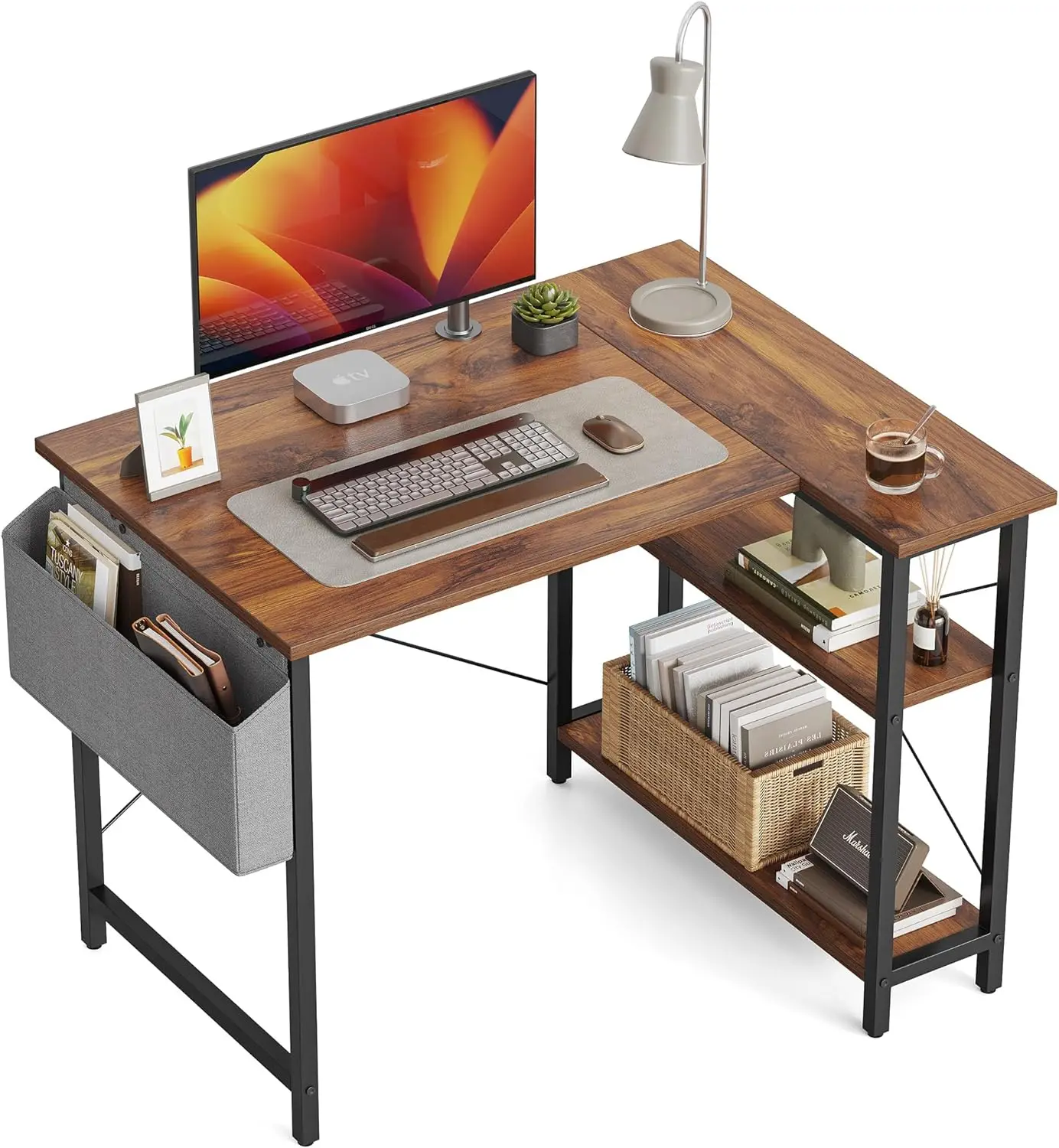 

CubiCubi 40 Inch Small L Shaped Computer Desk with Storage Shelves Home Office Corner Desk Study Writing Table, Deep Brown