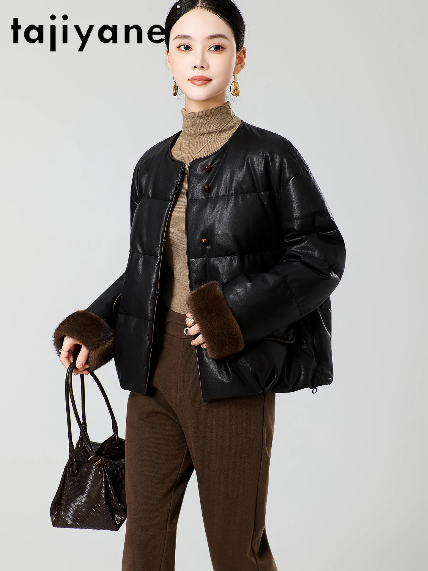 TAJIYANE 100% جلد الغنم بطة أسفل معطف امرأة فرو المنك الكفة ملابس خارجية أنيقة قصيرة سترة جلدية حقيقية الملابس الشتوية 2025 가dech자켓 #2