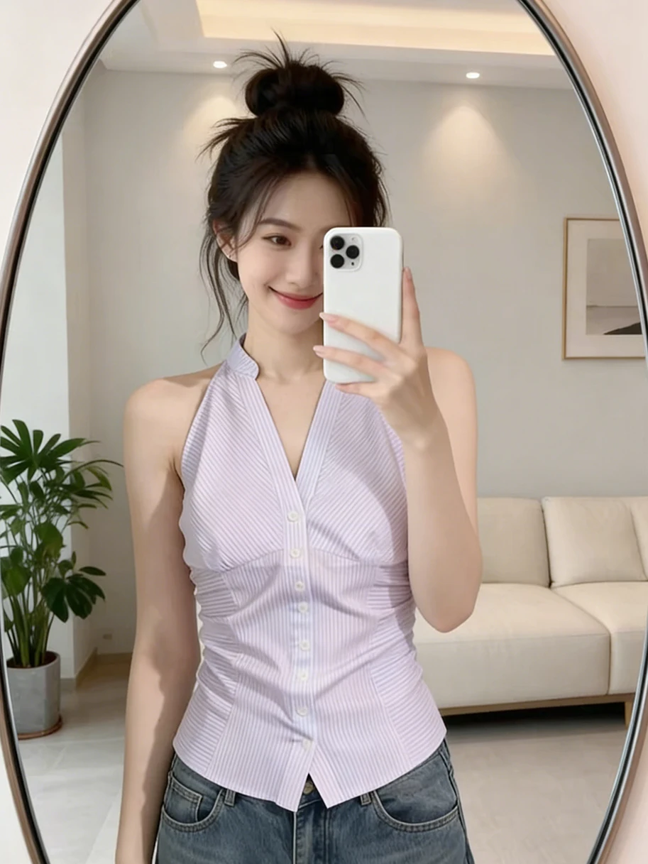 

Slim Fit Stripe Sleeveless Shirt Women Summer Fashionable Short V Neck Chiffon Top Button Detail Color Block Neck Hanging Design