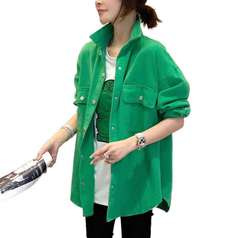 Moda damska Koreańska zielona koszula Wiosna Jesień Nowy Oversize Luźne bluzki z długim rękawem w jednolitym kolorze Wygodna odzież damska