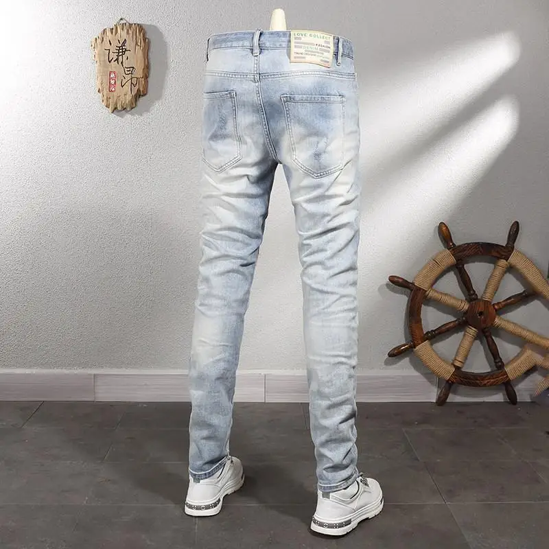 New Spring Season Slim Fit Long Denim Jeans with Bright Embroidered Patterns for Men, Trendy Korean Daily Pants