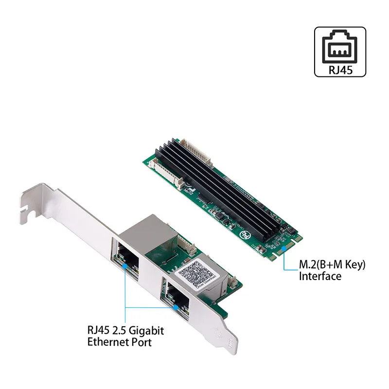 Network Card M.2 to 2 Ports RJ45 2.5G Gigabit Ethernet Adapter NIC 2500mbps B/M Key M2 22*80mm Size RealTek RTL8125B for Desktop