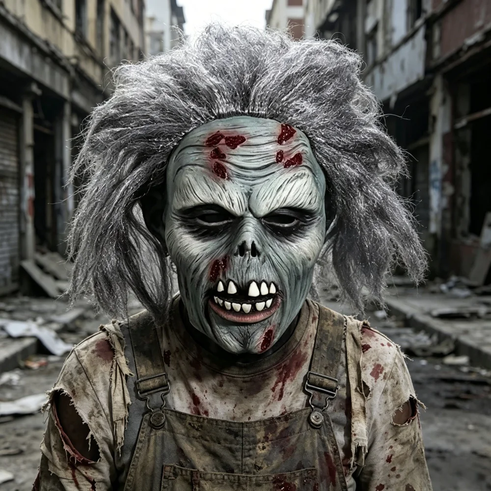 

Horror Zombie Monster Latex Mask with Gray Hair & Fake Blood for Halloween Haunted House Props