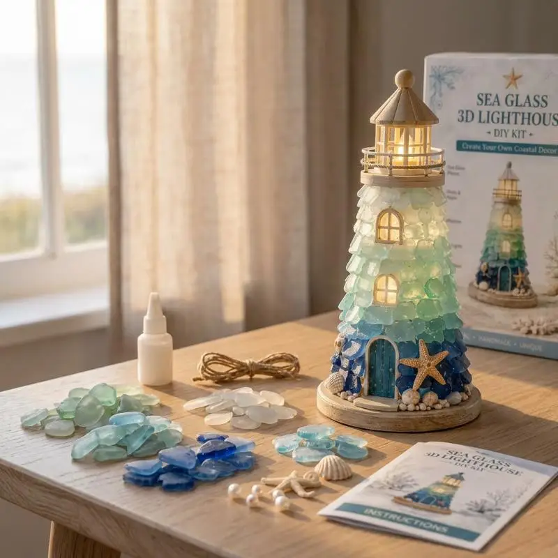 DIY Sea Glass Lighthouse Kit Handmade 3D Lighthouse Model With LED Light Creative Coastal Ornament For Table Decor Xmas Gift
