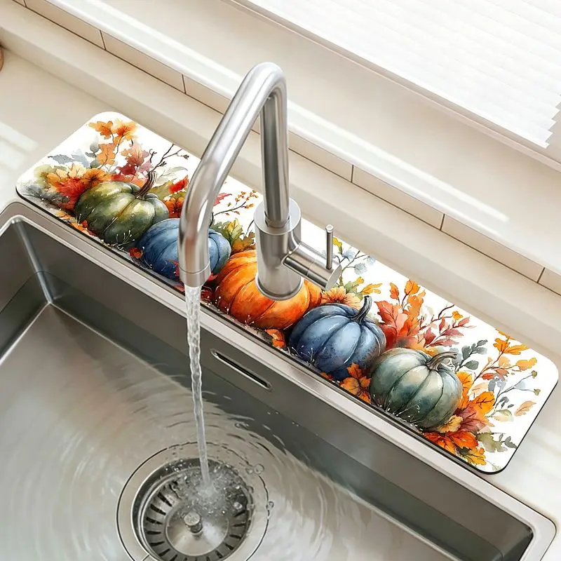 VIKAMA Autumn Pumpkin Faucet Mat Watercolor Maple Leaf Absorbent Sink Splash Mat Kitchen Drip Catcher Pad Fall Thanksgiving