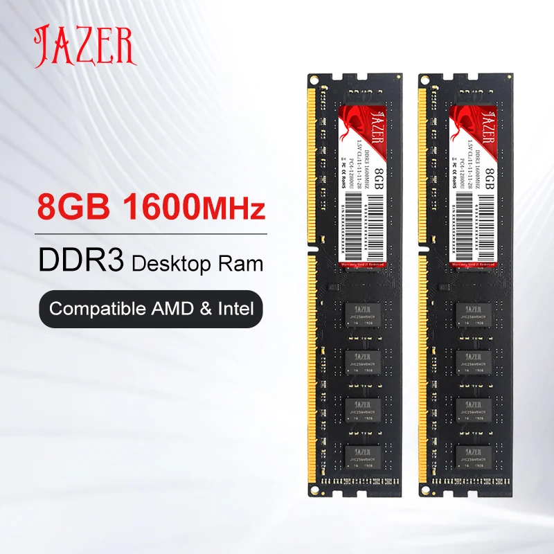 JAZER DDR3 8GB 1600MHz DDR3 Ram Unbuffered Non ECC 1.5V DIMM Desktop Memory