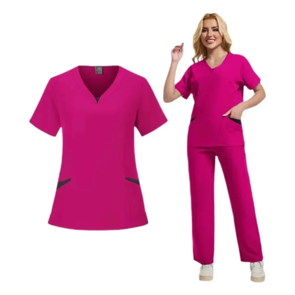 Novo conjunto de esfoliantes uniformes médicos estiramento esfrega topos com calças bolso uniforme enfermeira médico cirurgia macacão salão beleza workwear
