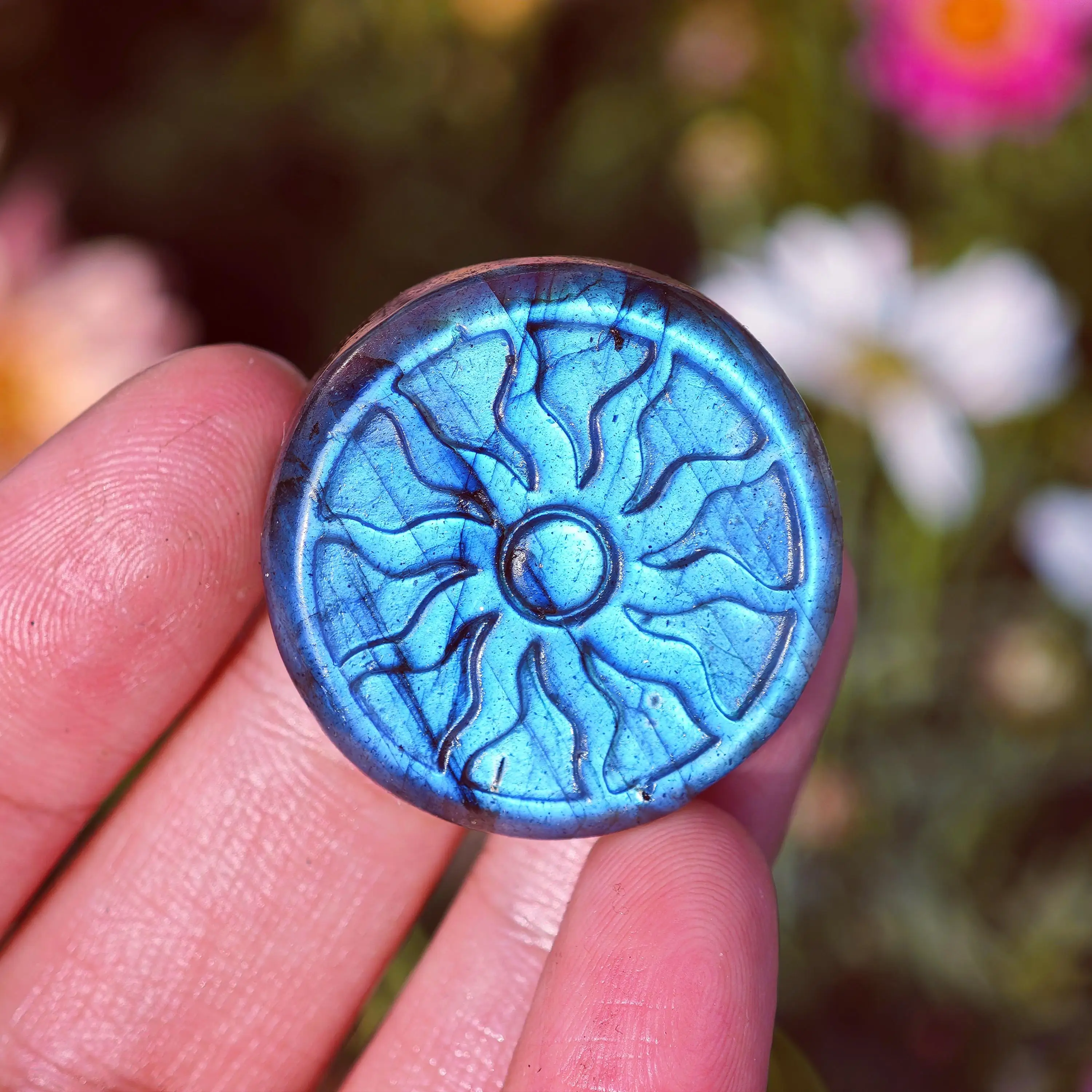 Labradorite Sun Moonstone Natural Carved Quartz Crystal Disc Gift for Crystal Collectors, Halloween and Thanksgiving gifts
