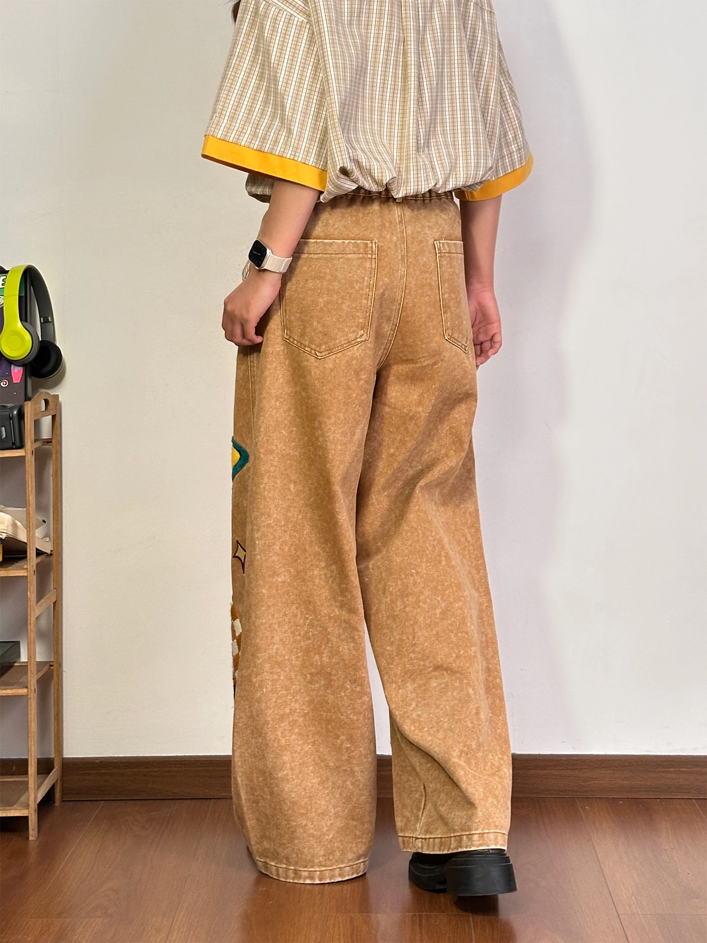 Retro American Cartoon Embroidery Straight Leg Jeans Women's Loose Wide Leg Pants Casual Summer Denim Trousers for Young Women