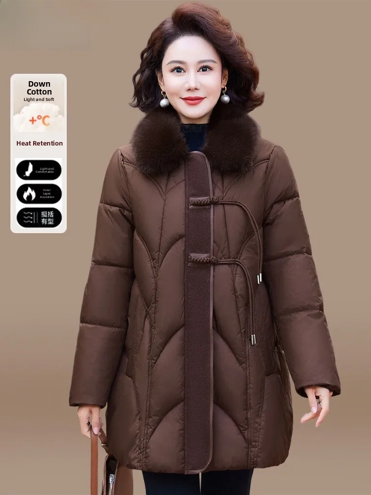 

Red Thiened down Cotton Jaet Women's Faionable Loose Sle Winter Coat Collar Zipper Closure Mid-Length Pure Color