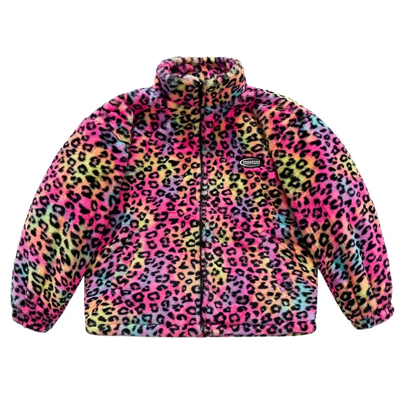 Winter Leopard Cotton-Padded Clothes Plush Zipper Jacket Women Fashion Street Warm Coat Loose Outerwear Male Female Size 5XL