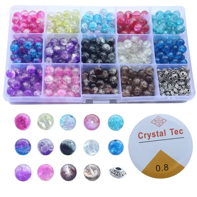 350Pcs 14 Color Crackle Glass Beads with 50Pcs Silver Spacers String DIY Jewelry Dropship