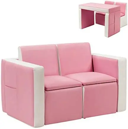 أريكة أطفال 2 في 1، سرير أريكة من الجلد PVC، كرسي بذراعين متعدد الوظائف مع مساحة تخزين