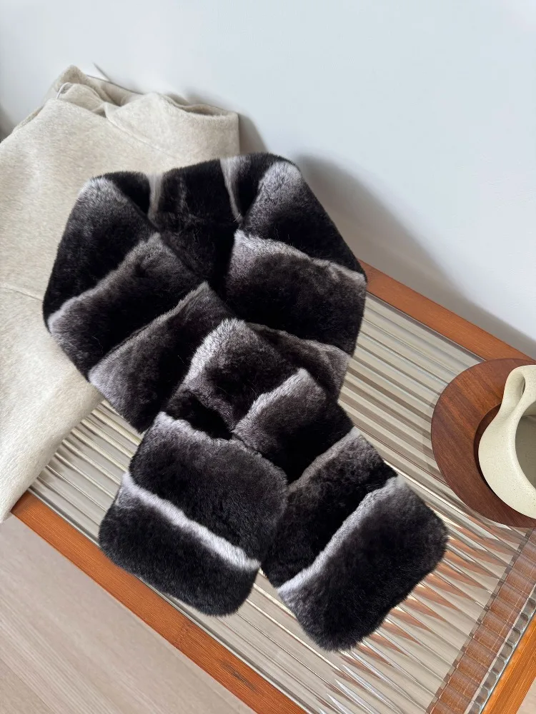 Women Real Rex Rabbit Fur Cross Scarf Chinchilla Stripe Pattern Natural Fur Neck Warmer Winter Soft Plush Fur Muffler for Coat