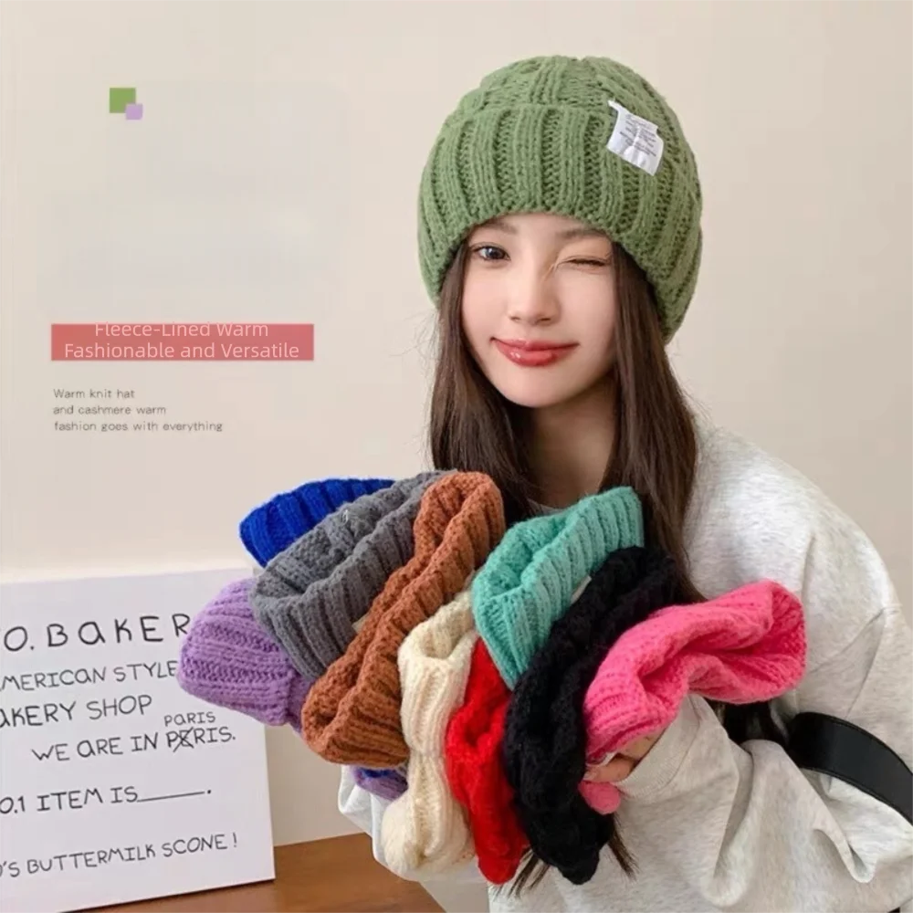Beanie Hat Casual Elastic Knitted Woolen Cap Solid Color Windproof Beanie Hat Thickened Keep Warm Ear Protection Hat for Woman