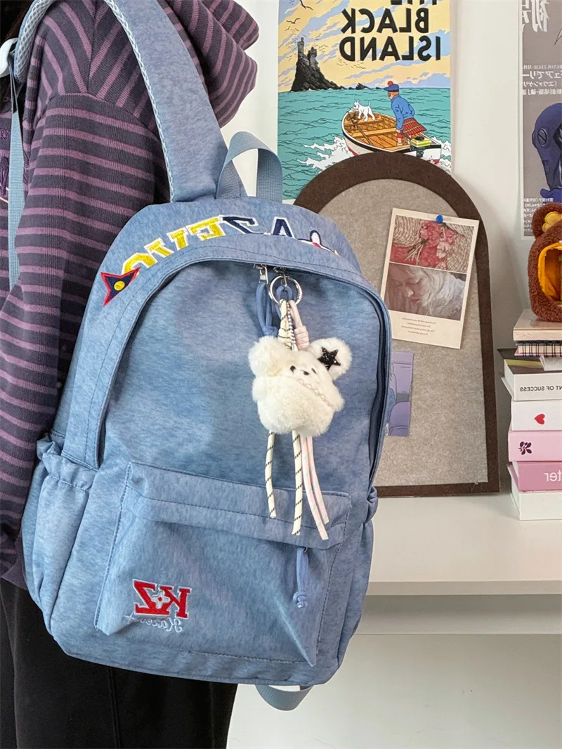 Retro Letter Embroidery Canvas Backpack for Teen Girls Large Capacity Preppy School Bag Lightweight Casual Daily Travel Rucksack