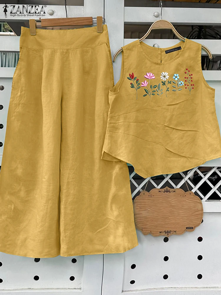 

ZANZEA 2PCS Summer Elegant Sleeveless Embroidery Blouse Trousers Suit Women Casual Loose Matching Sets Fashion Work Tracksuits