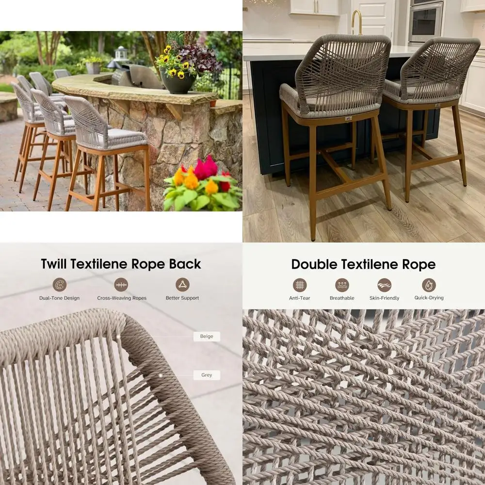 Outdoor Counter Height Patio Bar Stools Set of 2 with Metal Construction, Backrests, Arms, and Cushions