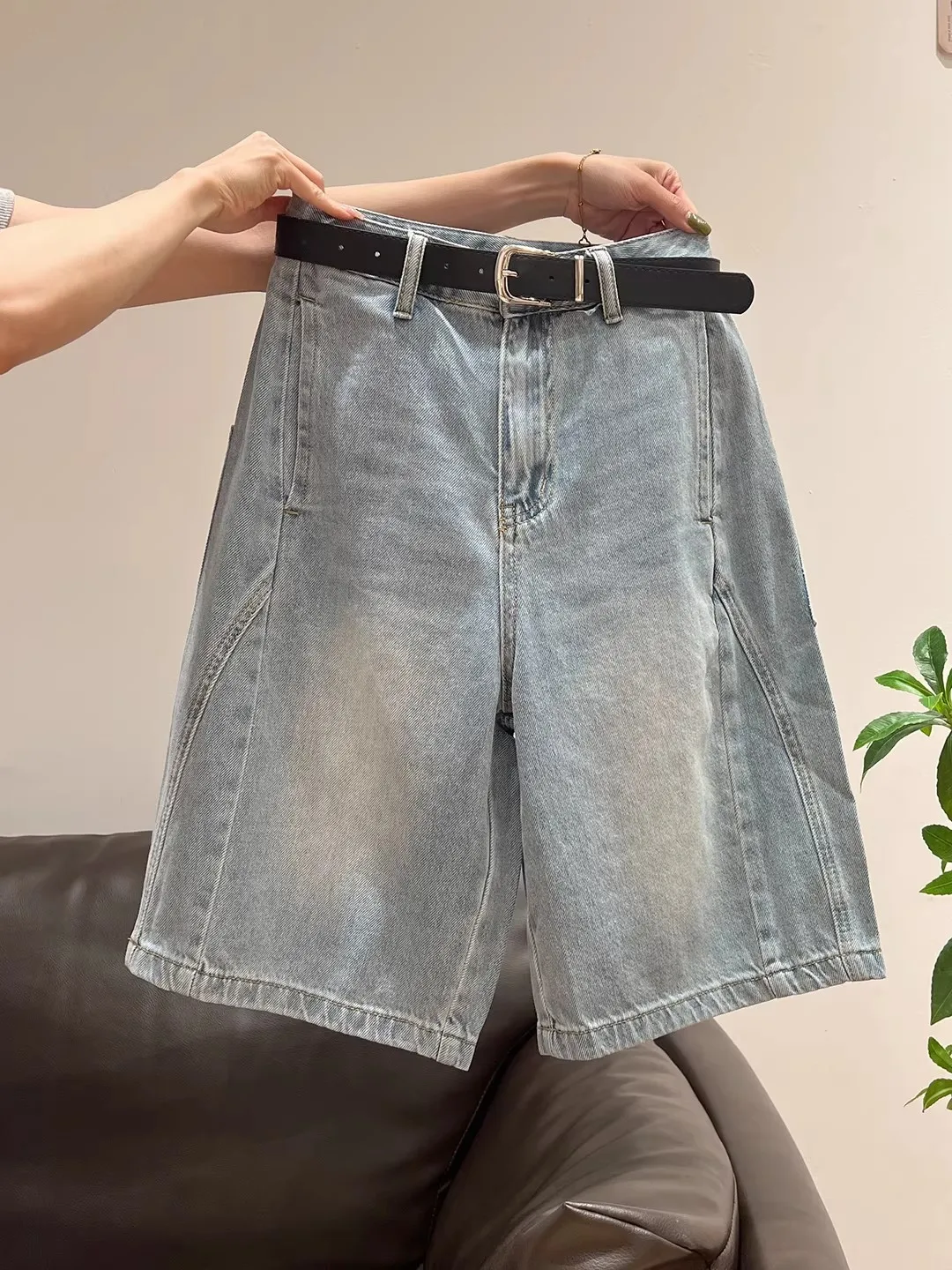 High Waist Straight Leg Crop Jeans Women's Summer Thin Texture Silk Wide Leg Shorts Slimming Effect Five-Quarter Length