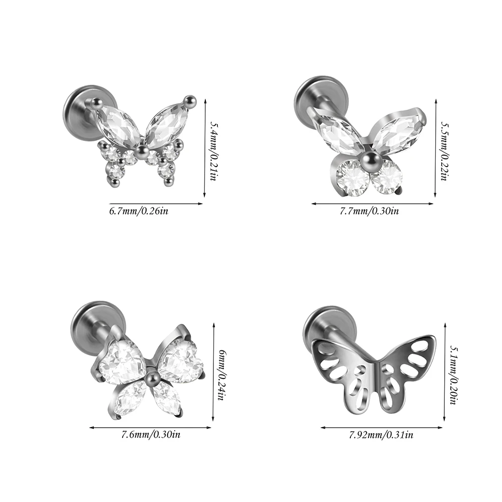 1/5 قطعة F136 التيتانيوم الزركون قرط الاذن المرصع داخليا الخيوط فراشة Labret ثقب الشفاه مونرو اللولب الزنمة ثقب المجوهرات