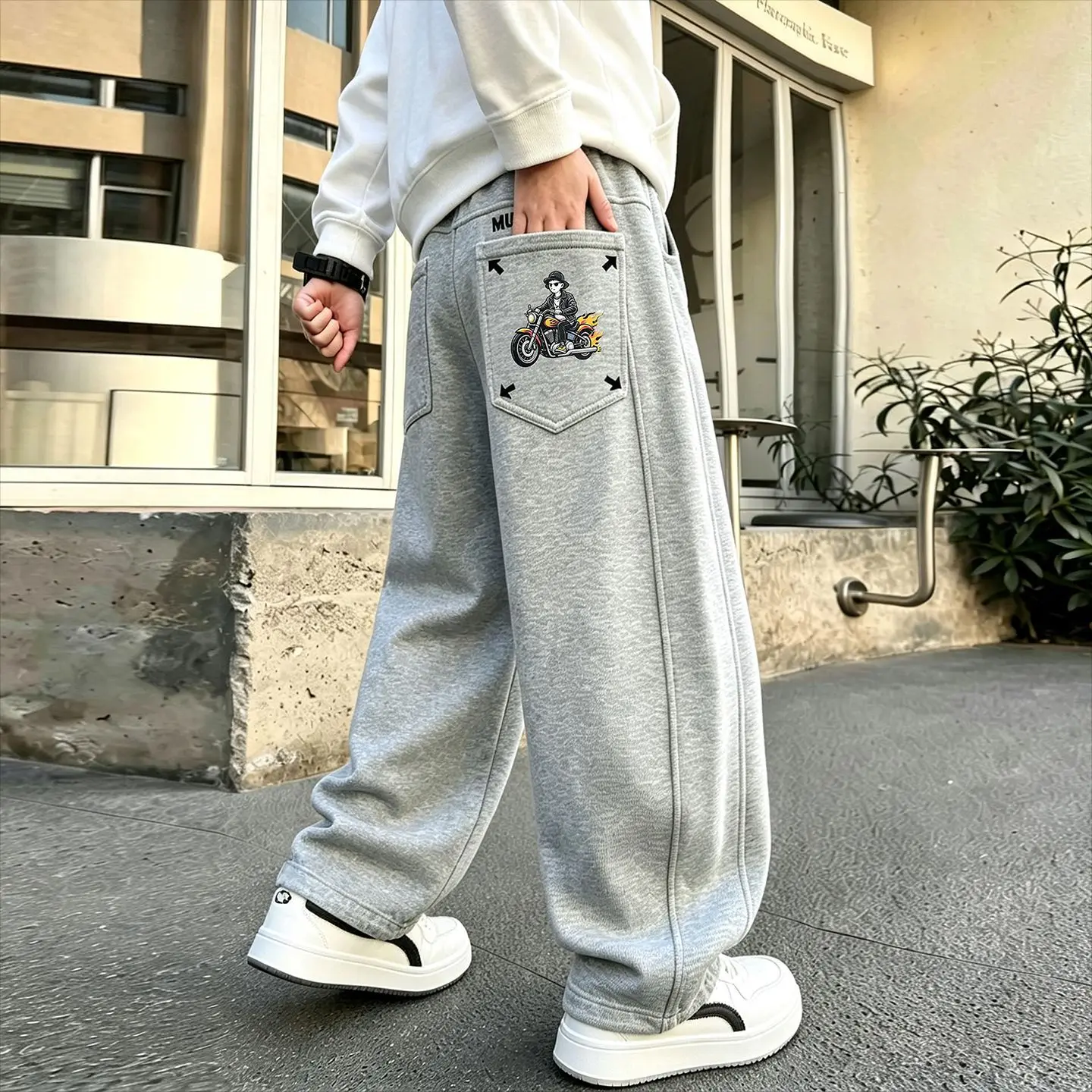 Korean Kids Autumn Sports Pants for Boys Knitted Cotton Sweatpants Black/Gray Sporty Trousers with Pocket Embroidery