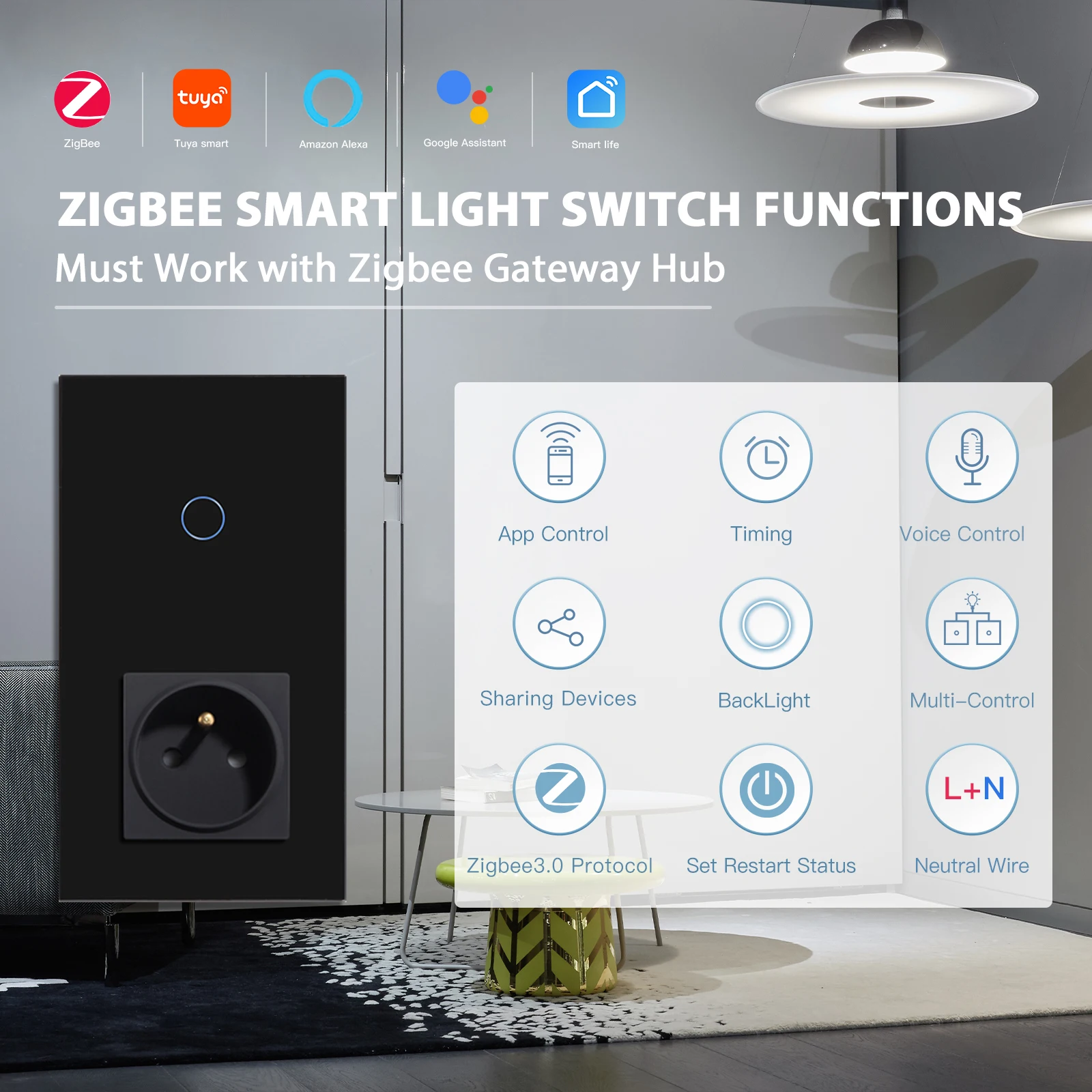 BSEED ZigBee مفاتيح الإضاءة 1/2/3 عصابة مفاتيح اللمس الذكية الحياة APP الزجاج مع مآخذ الفرنسية العادية USB C بدون ذكية