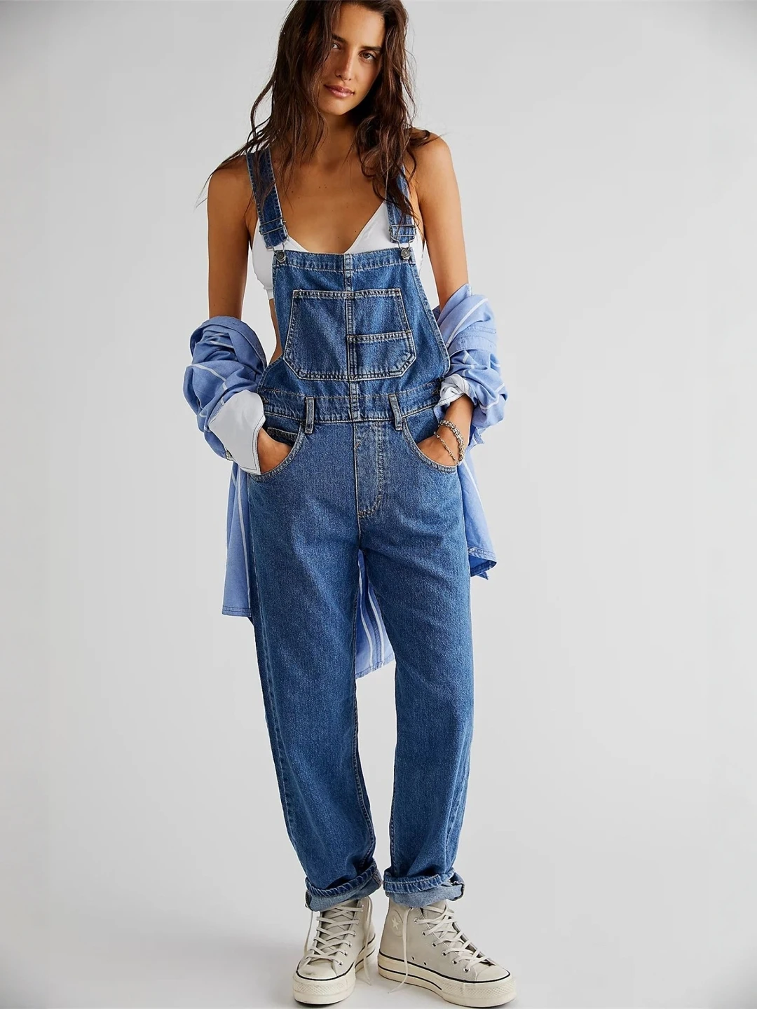 

Fashionable Casual Washed Denim Overalls Women's Jeans Long Pants High Waist Loose Fit Four Seasons High Street Style
