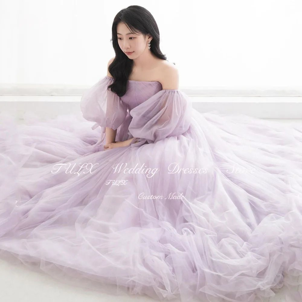 TULX Fairy Halter Light Purple Wedding Dress Puff Sleeve A Line Tulle Bridal Gown Floor Length Birthday Party Dresses Customized