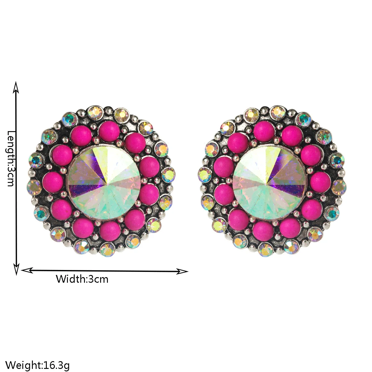 Bohemian Vintage Round Stud Earrings Shiny Aurora Gemstone Center Beaded Border Retro Disc Statement Jewelry For Tribal Festive