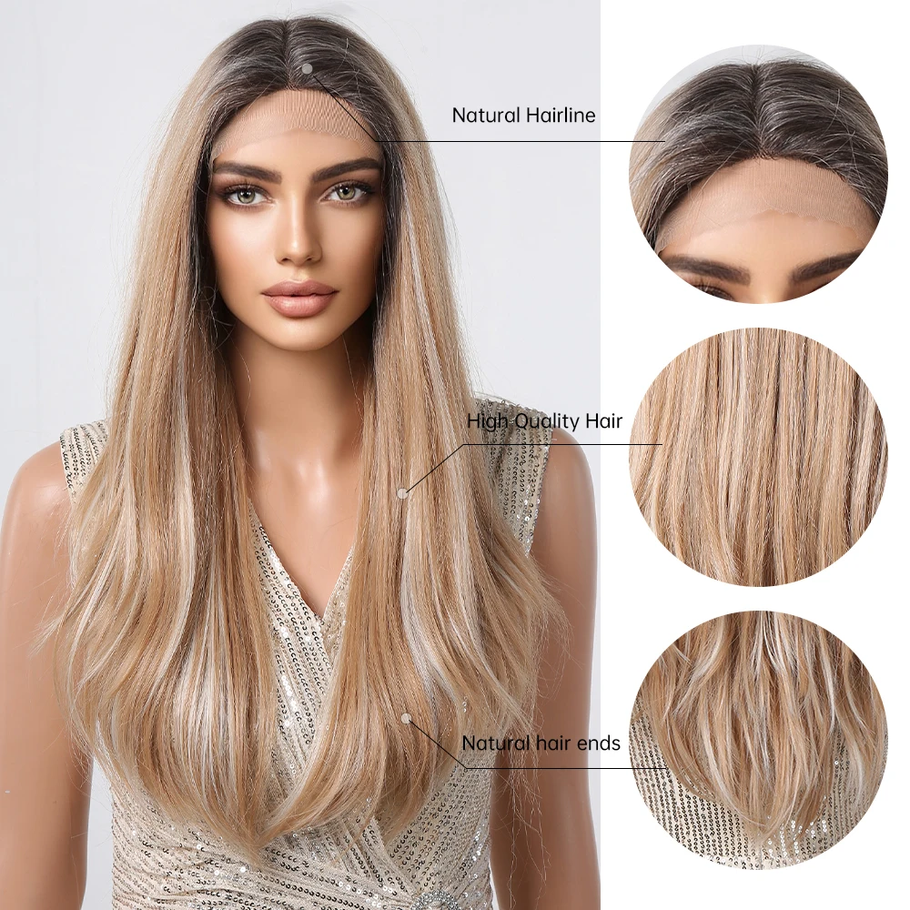 Perruques Lace Front synthétiques longues blondes pour femmes, cheveux raides naturels, racines foncées, degré de chaleur, utilisation 03/Party