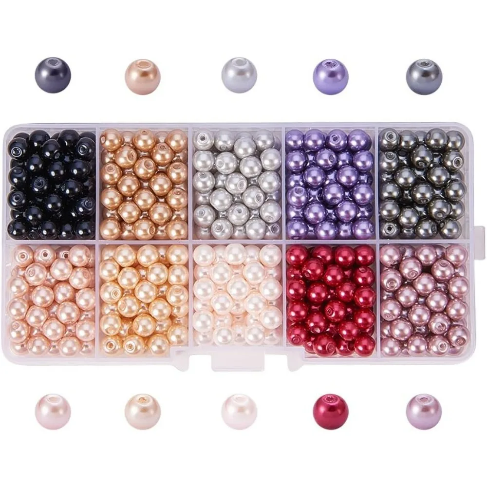 600pcs Glass Pearl Beads 6mm Round Loose Spacer Beads 10 Colors Faux Fake Pearls Tiny Satin Luster Glass Pearls for Earring