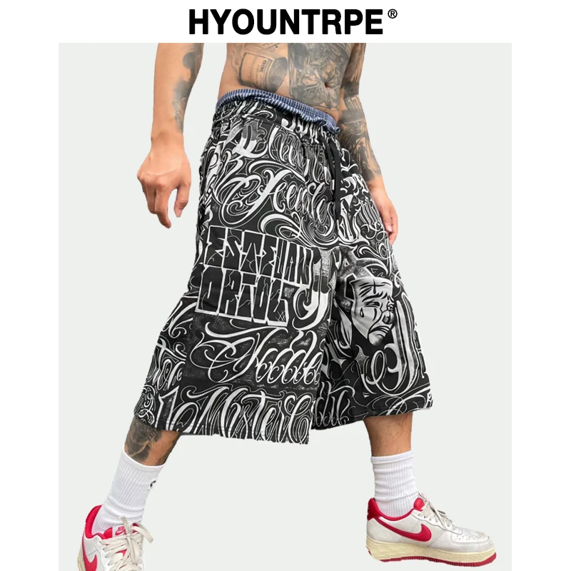 

Hip Hop Sweatpants Mens Pants Streetwear Harajuku Printed Drawstring Capris Pants Fashion Loose Trousers Casual Baggy Joggers