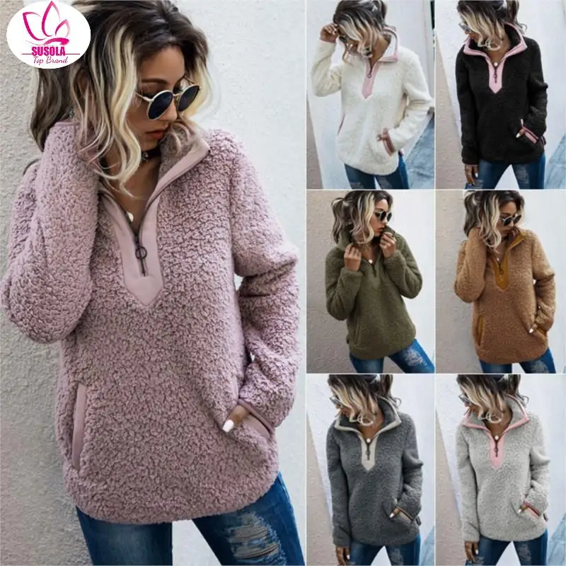 

SUSOLA Casual Oversized Fluffy Hoodie Women Christmas Zip Up Faux Fur Winter Fleece Sweatshirt Hoody Ladies Pullover