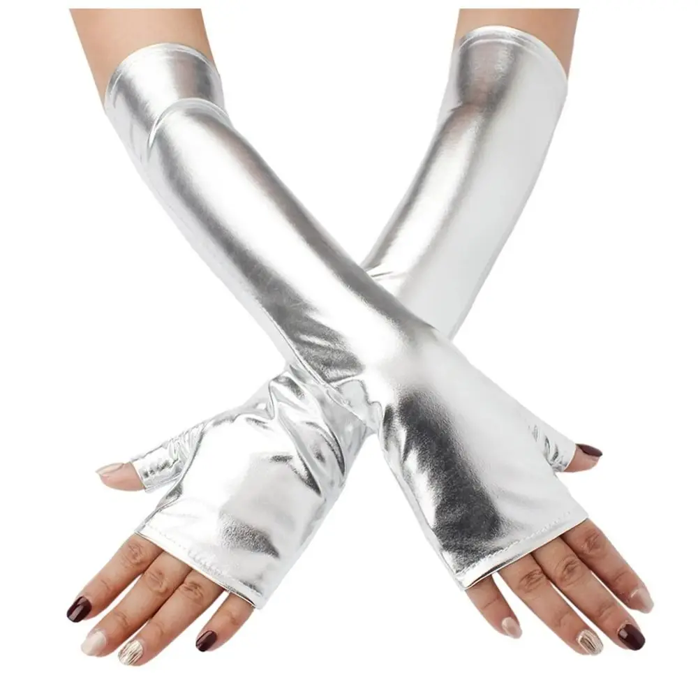 Sexy Fake Leather Metallic Gloves Gold Silver Elbow Length Long Gloves Leather Gloves Women