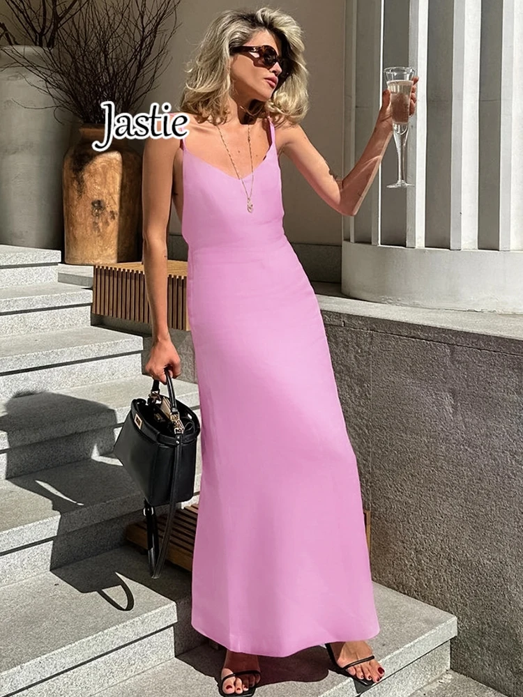 Jastie 2024 Summer Strap Lace-Up Long Dresses Pink Cotton Linen Maxi Dress Women A-Line Sling Vacation Boho Beach Party Dress