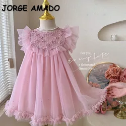 Korean Style New Summer Kids Girl Dress Appliques Solid Color Mesh Sleeveless Sweet Round Collar Princess Dresses H25025