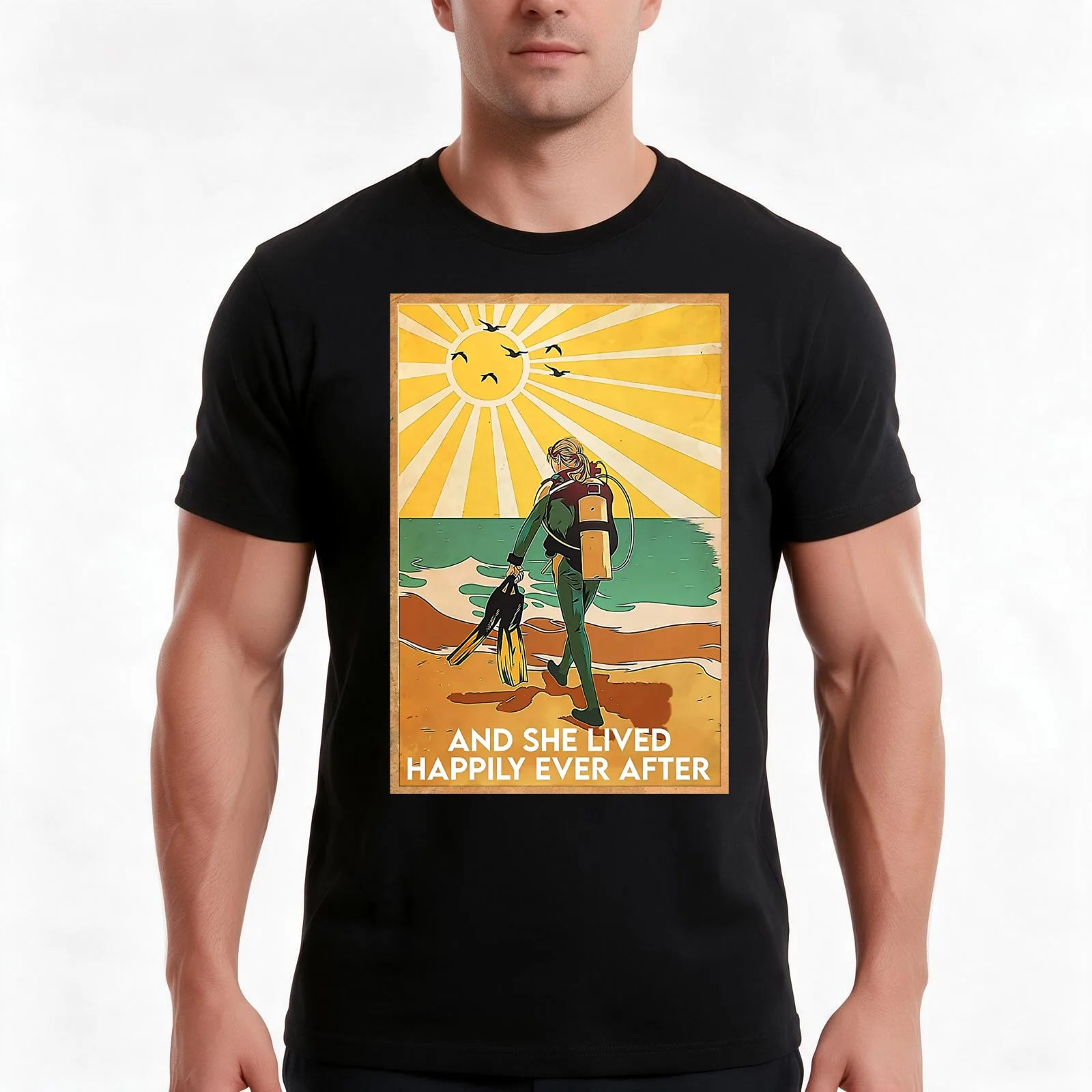 Scuba Diving And They Lived Happily Ever After Vertical T-Shirt, Summer Casual Cotton Tee, Oversized Streetwear Tops