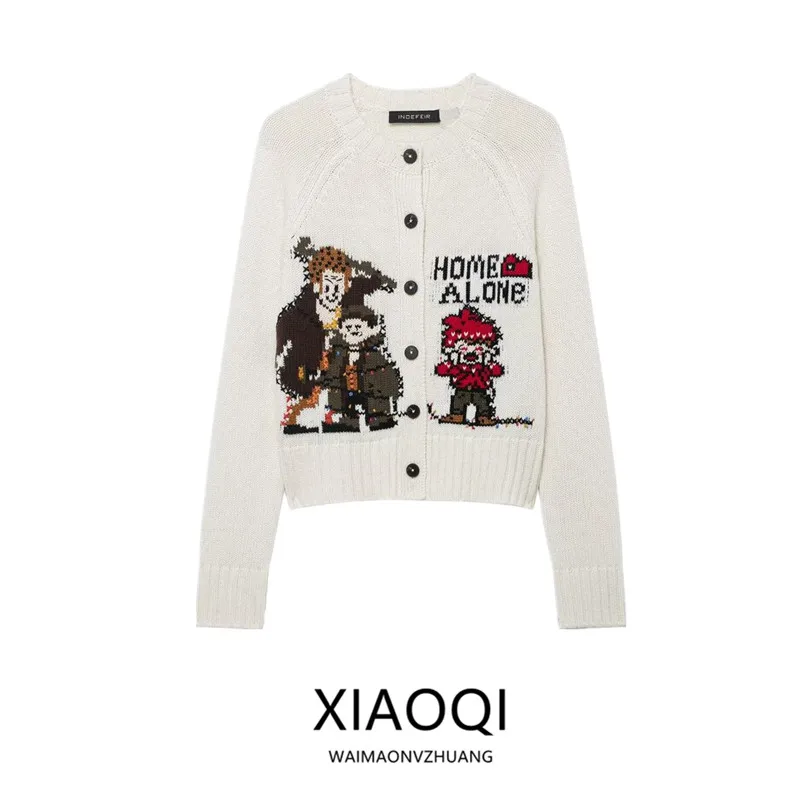 Winter 2025 Women's Fashionable Long Sleeve round Neck Knitted Jacket Cartoon Character Embroidery Versatile Outerwear Coat