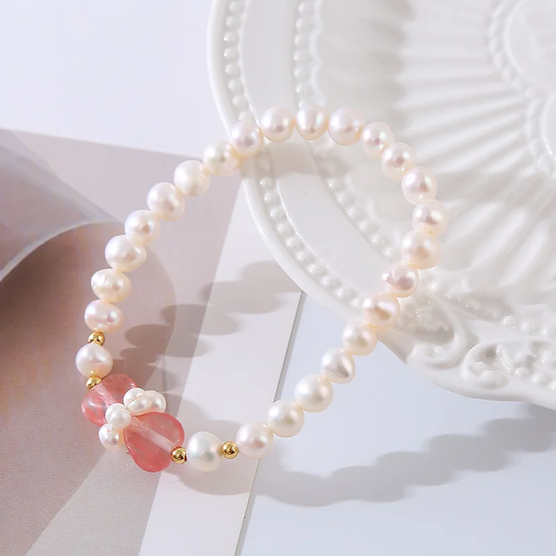 100% Natural Freshwater Pearl & Bowknot Strawberry Quartz 14K Gold Filled Female Charm Bracelet Jewelry For Women Birthday Gifts