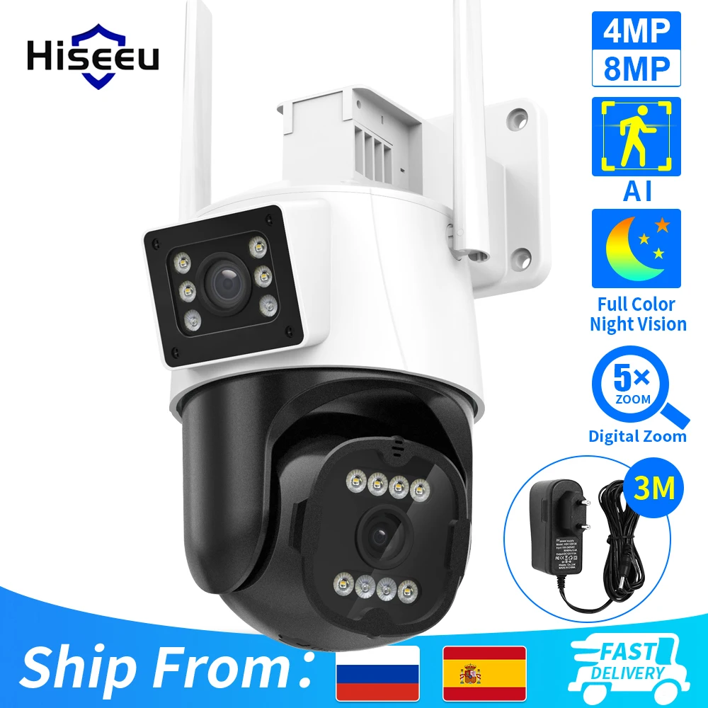 hiseeu camera de vigilancia wifi sem fio lente dupla zoom digital 4x deteccao humana ai onvif cameras ip ptz de seguranca externa 4k 8mp 01