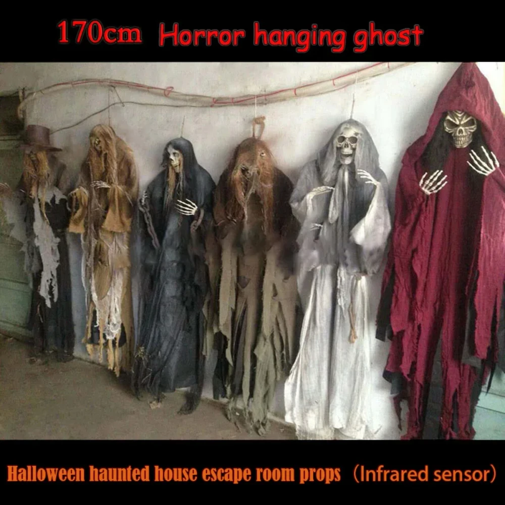 Halloween horror props haunted house escape room skull hanging ghost scary hanging man  Infrared human body sensor