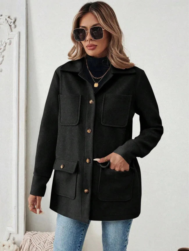 Women's Wool Blend Coat, Lapel Cargo Jacket, Multi Pockets, Single Breasted, Loose Fit, Casual Daily Wear, Fall Winter Must Have